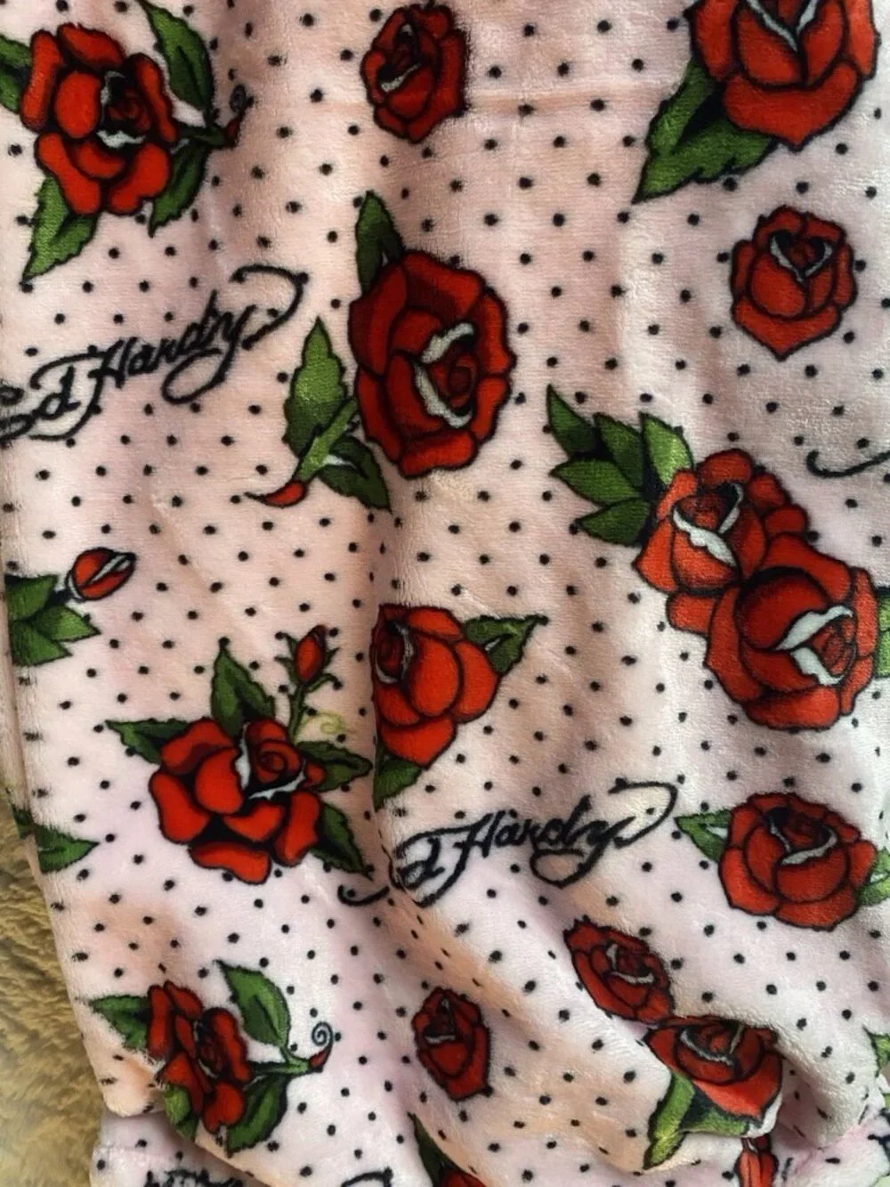 Ed Hardy Pink Plush Oversized Throw Blanket 60” X 70” Roses Polka Dots Tattoo
